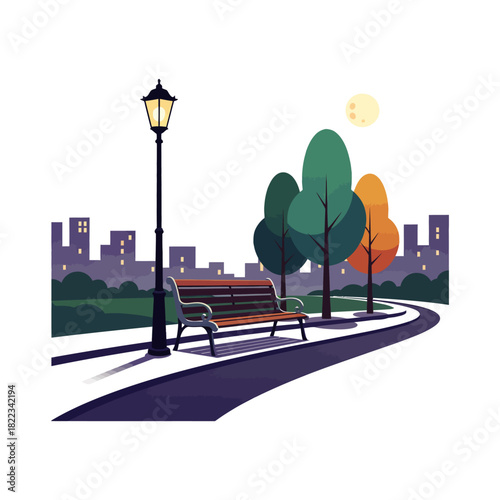 City park with bench and streetlight icon flat vector design.