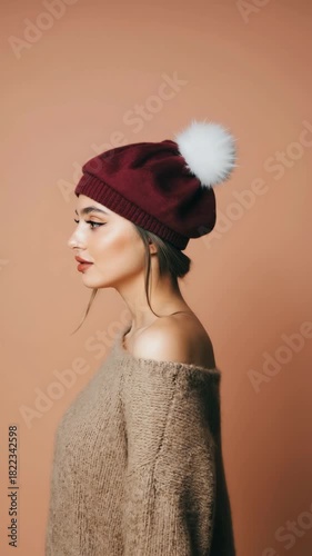 Winter Woman Portrait in Warm Knit Hat