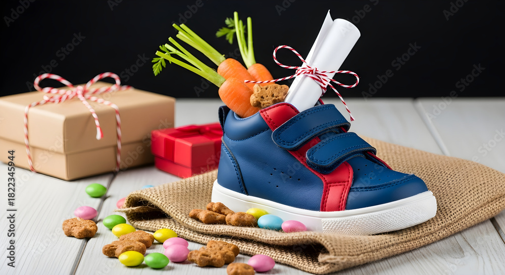 Obraz premium Childrens shoe and pepernoten for Sinterklaas and carrot for horse treat stands in front of hot fireplace. Celebration concept for children party in Saint Nicolas day five december.