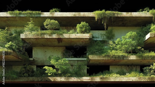 A decaying concrete structure, overgrown with lush greenery, displays a captivating juxtaposition of nature reclaiming urban spaces.
