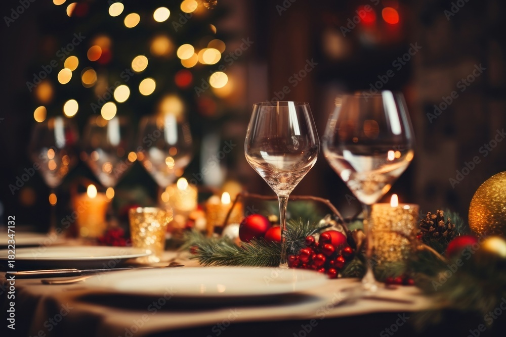 Naklejka premium Christmas dinner restaurant glass table.