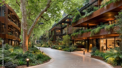 A lush, green urban alleyway lined with modern rust-colored buildings, showcasing a harmonious blend of nature and architecture.