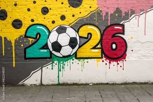 Vibrant Street Graffiti Mural Of 2026 Soccer Ball With Colorful Drips On Wall

