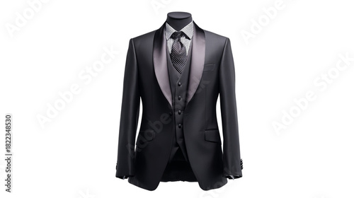 PNG of Elegant black tuxedo featuring satin lapels, ideal for formal events.