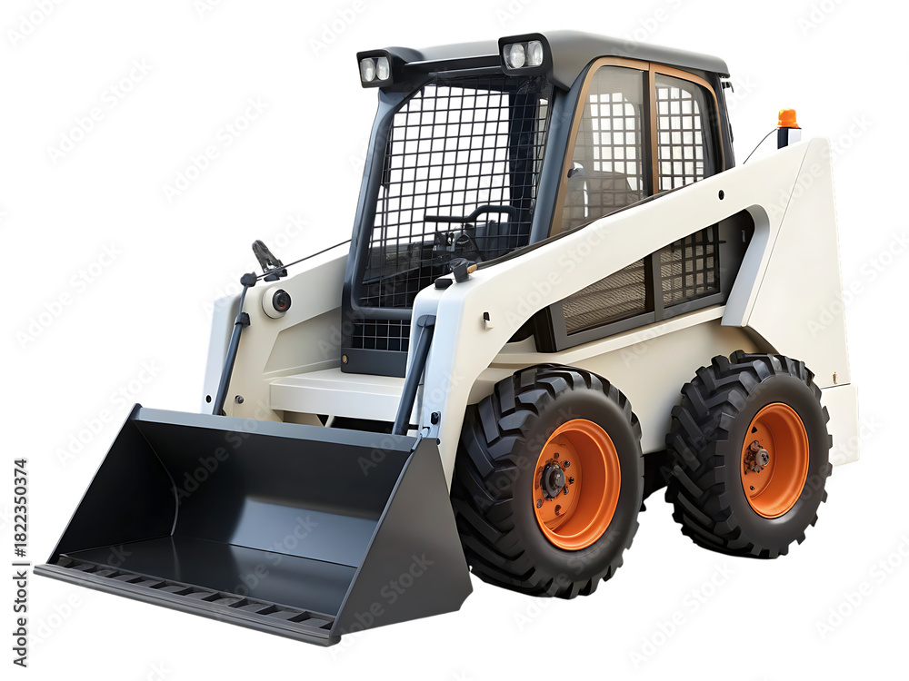 Fototapeta premium White skid steer loader, with orange wheels and black bucket, cutout, PNG, isolated on white or transparent background, AI