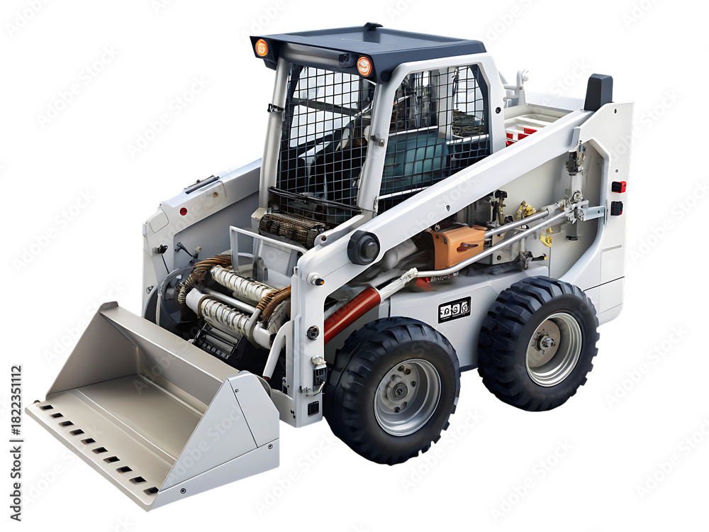 Fototapeta premium White skid steer loader, with exposed engine and hydraulic systems, cutout, PNG, isolated on white or transparent background, AI
