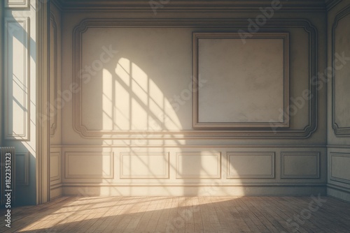 sunlight streaming into elegant classic room casts window shadows across empty wall panel and wooden floor, calm interior provides copyspace concept of real estate property marketing hospitality
