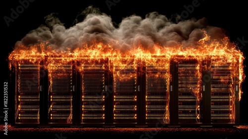 A server rack engulfed in a fiery inferno, showcasing intense flames and smoke against a dark background.