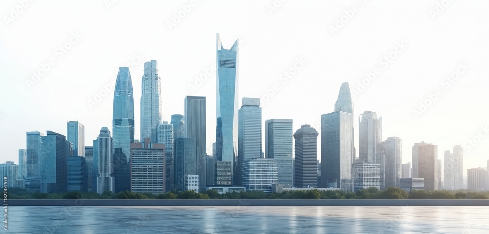 Obraz premium Cityscape illustration shows modern skyscrapers against bright sky. High office buildings form metropolis, urban business center. Illustration for real estate, finance or construction topics.
