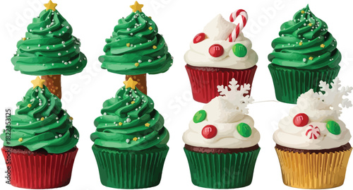 Assortment of festive christmas cupcakes with green tree frosting and vanilla frosting