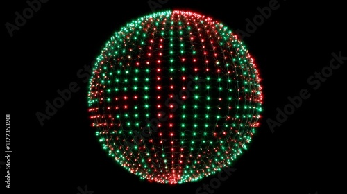 Red and green lights shine on a sphere, creating a festive or techy look against a black background.