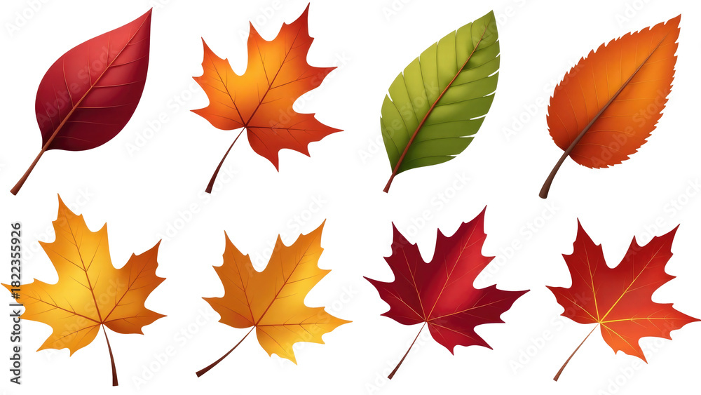 Fototapeta premium A collection of colorful leaves arranged on a white background