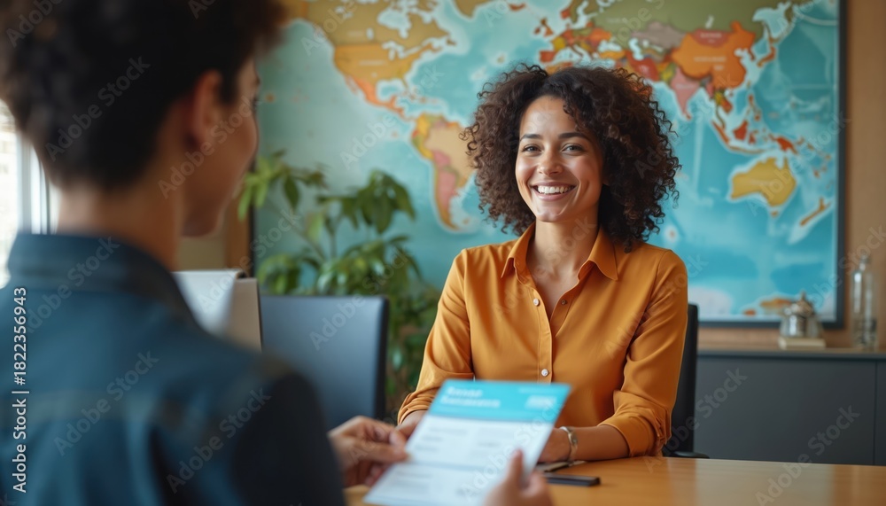Naklejka premium Travel agent smiles helping client with booking. Woman receives travel documents at desk. World map decorates office wall. People plan trip.