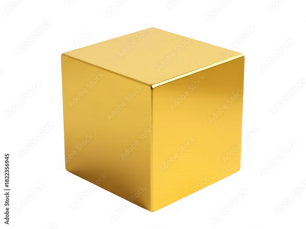 Fototapeta premium A single golden cube sits on a plain white background