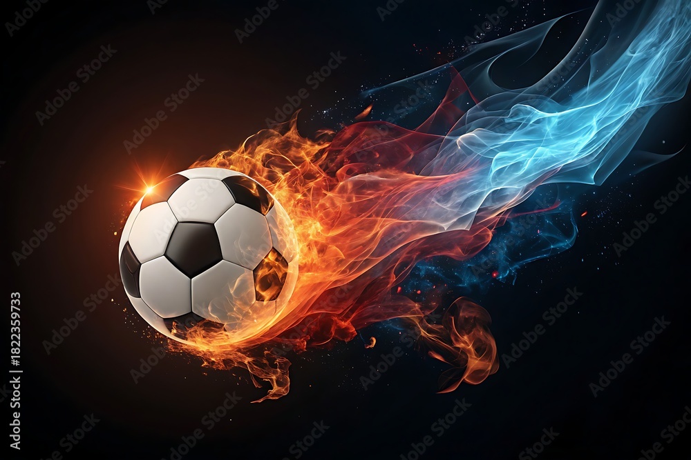 Naklejka premium Dynamic Flaming Soccer Ball In Motion Across A Dark, Energetic Background