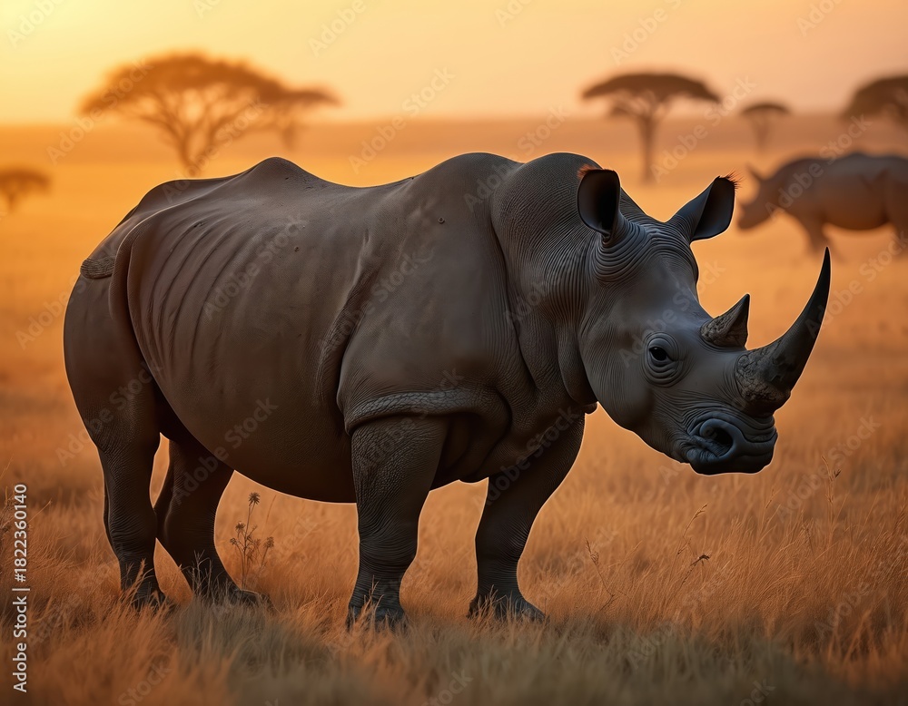 Obraz premium Large rhino stands in dry grass plain at sunset. Another rhino walks in background. African savannah trees silhouette against orange sky. Wildlife animal photo.