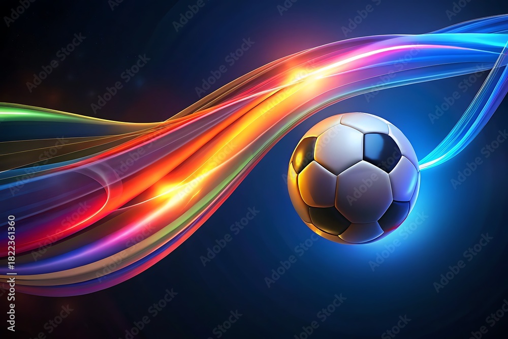 Naklejka premium Dynamic Neon Soccer Ball With Colorful Light Trails In A Futuristic Sports Scene
