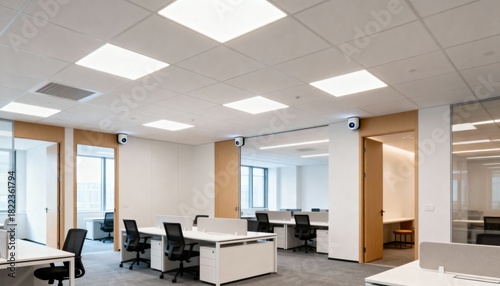 Medium shot of an office space with wireless lighting panels and motion sensors that adapt to occupancy for optimized energy savings.