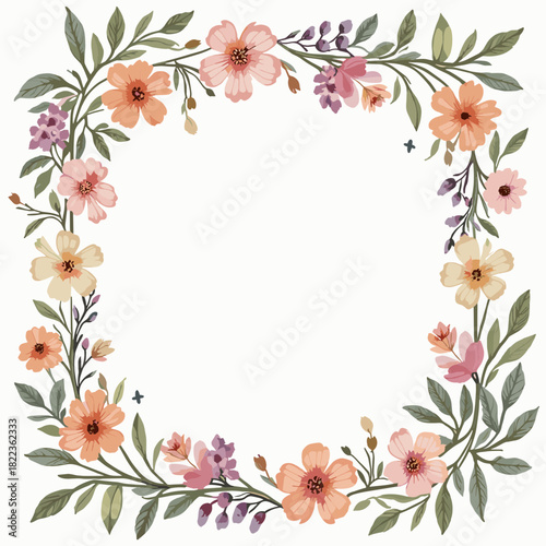 A delicate square floral wreath with soft pink and orange watercolor flowers, leaves, and butterflies, ideal for greeting cards and invitations