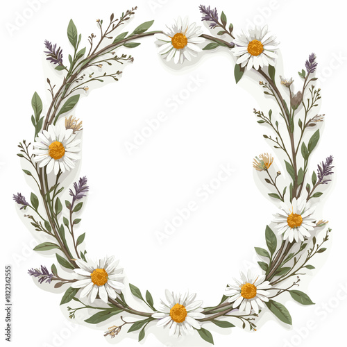 Delicate Daisy Wreath Illustration with Lavender and Foliage Accents