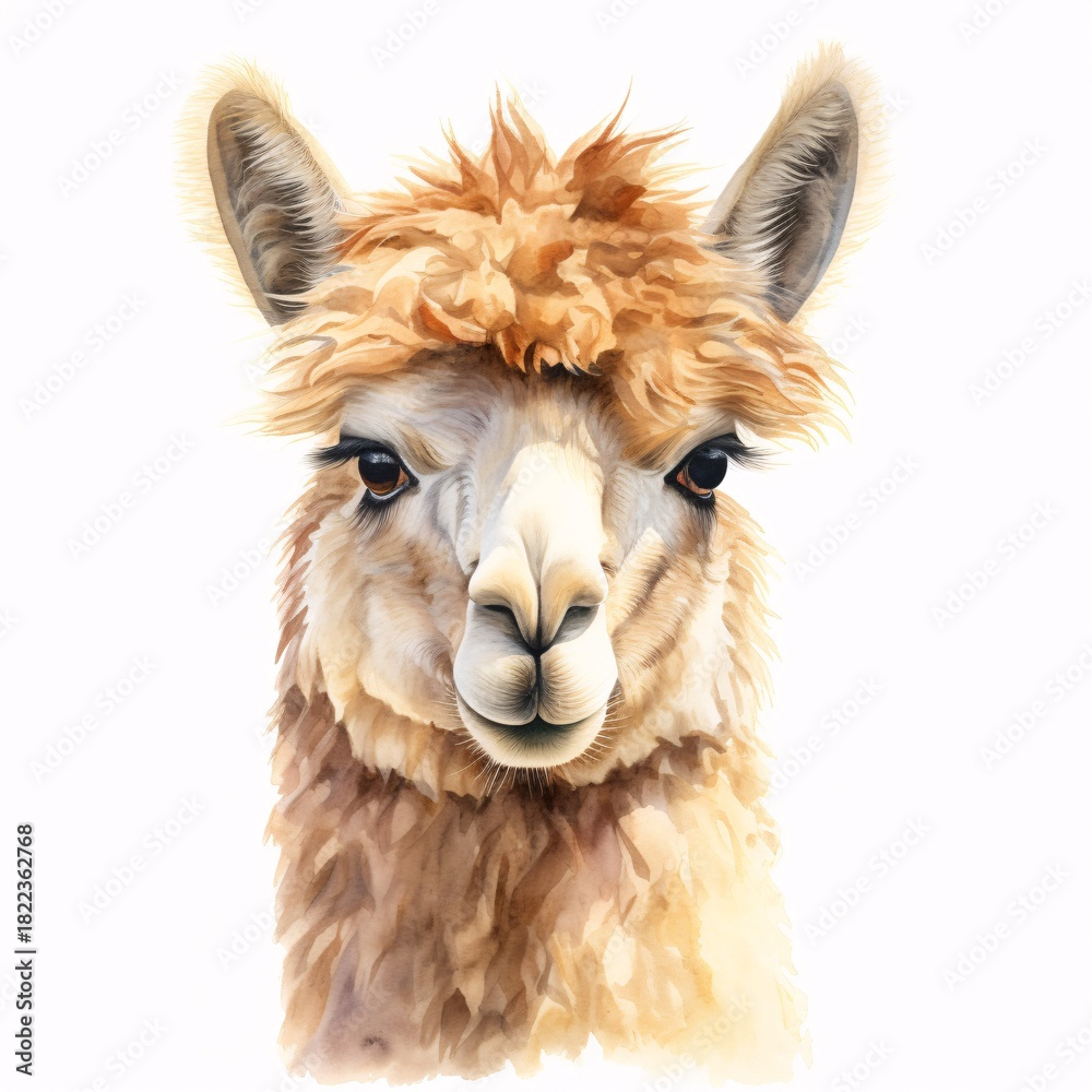 Naklejka premium Adorable alpaca portrait with soft watercolor texture in shades of brown