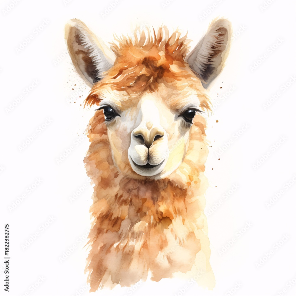 Obraz premium Watercolor illustration of a fluffy, light brown alpaca