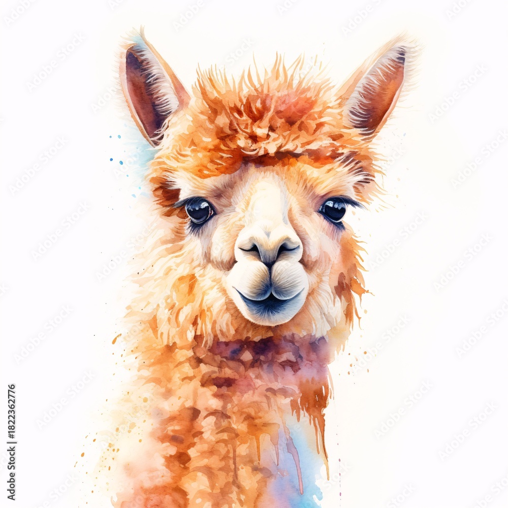 Obraz premium Adorable alpaca portrait in watercolor style against a white background