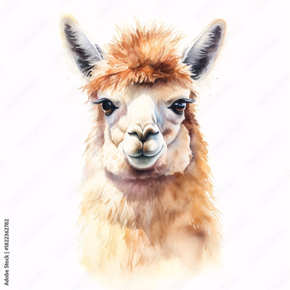 Naklejka premium Watercolor portrait of a llama with soft fur in a white background