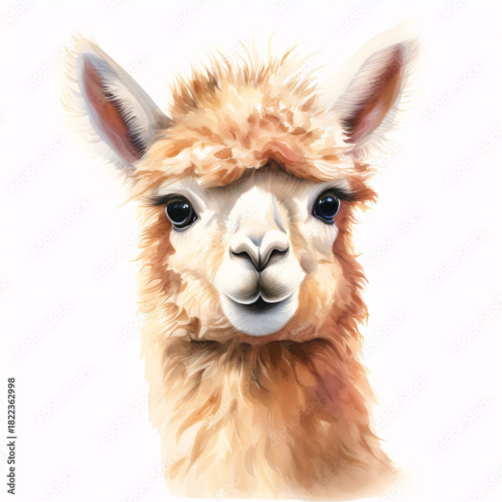 Fototapeta premium Charming watercolor painting of an alpaca with a fluffy coat in a portrait style
