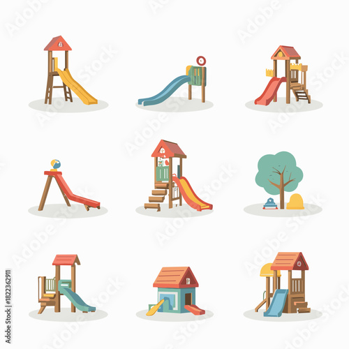 Collection of colorful children's playground slides and outdoor equipment. Vector illustration set of play structures for parks and recreation
