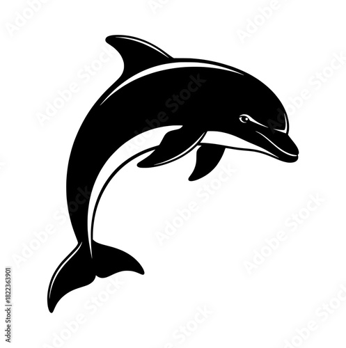 Monochrome jumping dolphin vector graphic, a powerful and intelligent aquatic creature logo design