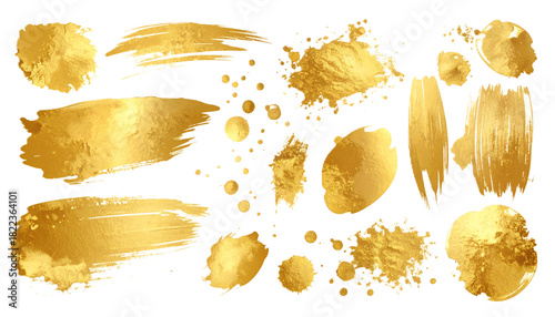 Isolated Hand-Painted Gold Leaf Brush Strokes and Splatters cut out