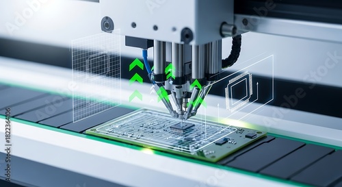 Futuristic industrial automation concept showing a robotic arm with a digital interface for precise electronics manufacturing on a production line