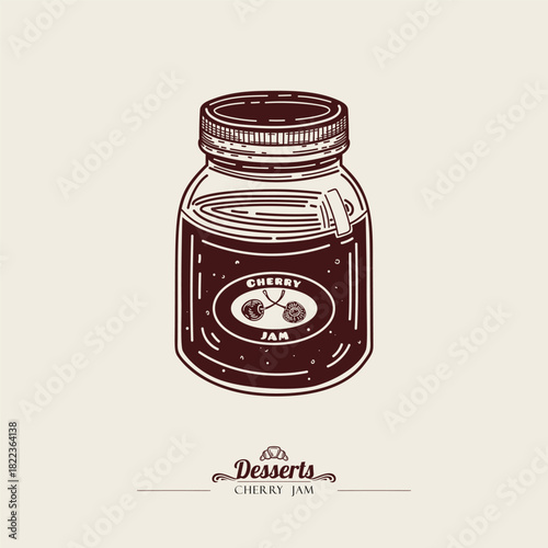 Glass jar of sweet cherry jam. Vintage linear illustration. Line art
