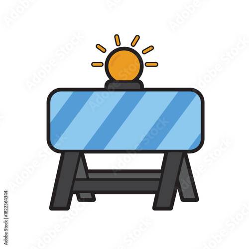 Roadblock barrier with flashing orange light signifies safety and obstruction on construction sites. Suitable for concepts of road safety and interruptions. Interrupt construction barrier, symbol safe