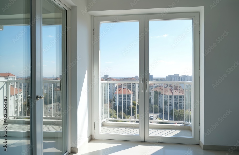 Fototapeta premium White glazed balcony with glass doors and railings in modern renovated apartment. City view with buildings and trees outside. Clean and minimalist interior design. Bright and sunny day with blue sky.