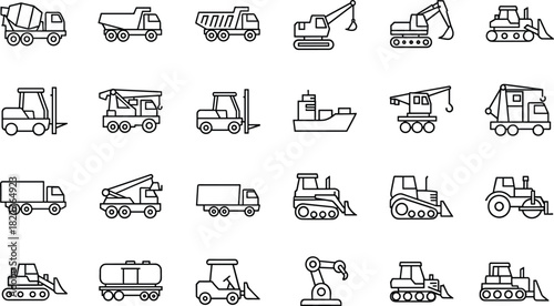 Large Set of Outline Vector Icons Representing Construction, Heavy Machinery, Transport, and Industry Vehicles, Including Cement Mixer