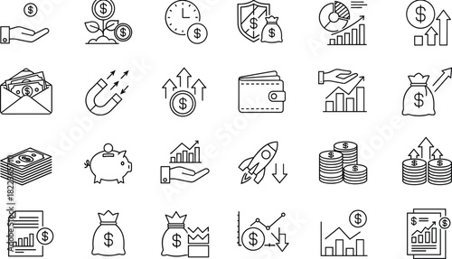 Large Set of Outline Vector Icons Representing Finance, Money, Business, and Investment Concepts
