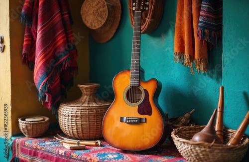 Wooden acoustic guitar stands by vibrant Andean textiles, woven baskets, traditional flutes. Colorful patterned fabric covers display surface. Artisan crafts arranged against teal, yellow walls,