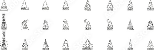 christmas tree, tree, pine, fir, evergreen, gift, present, box, decoration, ornament, star, santa hat, moon, night, sparkle, festive, holiday, winter, icon, symbol, outline, line art, vector, graphic,