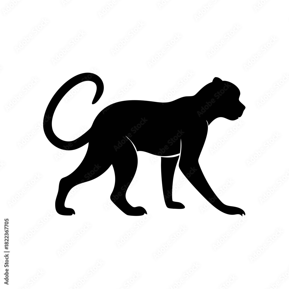 Naklejka premium Silhouette of a monkey walking, depicted in solid black against a white background, showcasing its profile view.