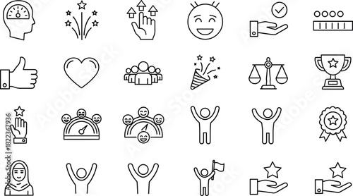 Large Set of Outline Vector Icons Representing Success, Achievement, Customer Satisfaction, and Positive Feedback, Including Thumbs Up