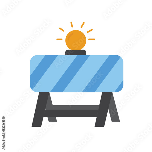Roadblock barrier with flashing orange light signifies safety and obstruction on construction sites. Suitable for concepts of road safety and interruptions. Interrupt construction barrier, symbol safe