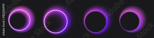 A series of neon purple circles and eclipse light effects, ideal for futuristic and creative design concepts.