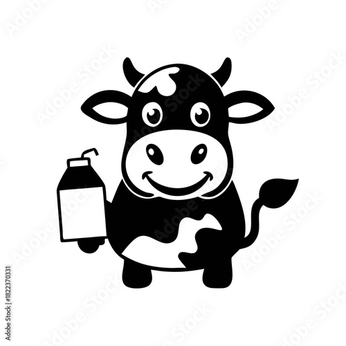 Cartoon cow illustration holding a milk carton, depicted in black and white with a cheerful expression.