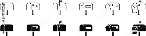 mailbox, mail, post, letter, delivery, communication, postal service, postbox, receptacle, container, object, icon, set, collection, graphic, design, outline, silhouette, solid, black, white, flag, en