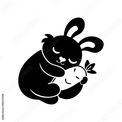 Black rabbit illustration hugging a carrot with closed eyes, creating a cute and peaceful scene on a white background.