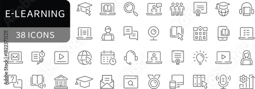 e-learning, online education, icons, set, collection, study, learning, school, university, graduation, knowledge, technology, digital, internet, computer, laptop, tablet, mobile phone, headphones, web