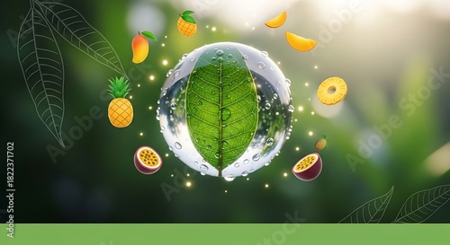 Dynamic display of fresh tropical fruits circling a pure water sphere with a vibrant green leaf, representing natural purity, organic wellness, and refreshing vitality