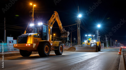 Night road construction illuminated by industrial lights, nighttime infrastructure work, with copy space